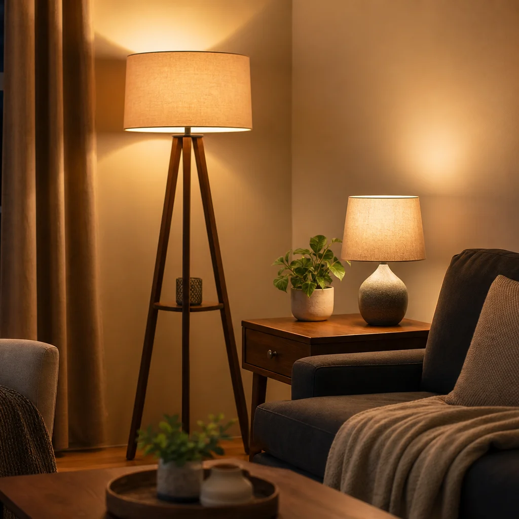 Cozy living room corner with modern floor and table lamps creating warm affordable lighting