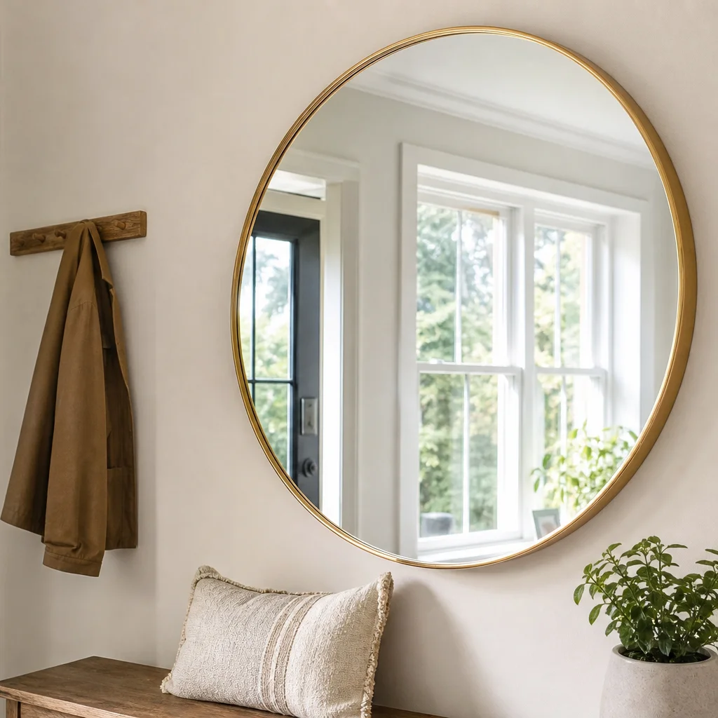 Round mirror reflecting window light to make a small entryway feel brighter and larger