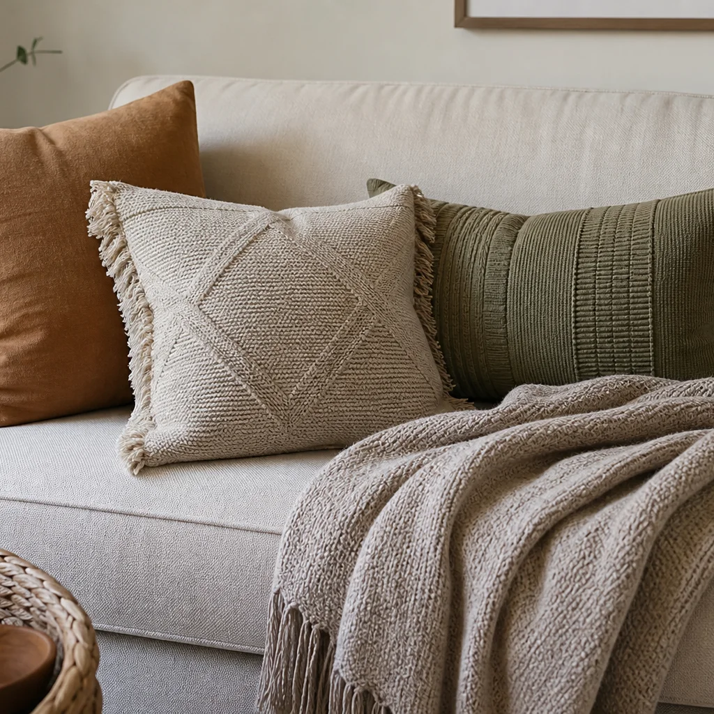 Sofa styled with new throw pillows and a soft textured blanket for an affordable refresh