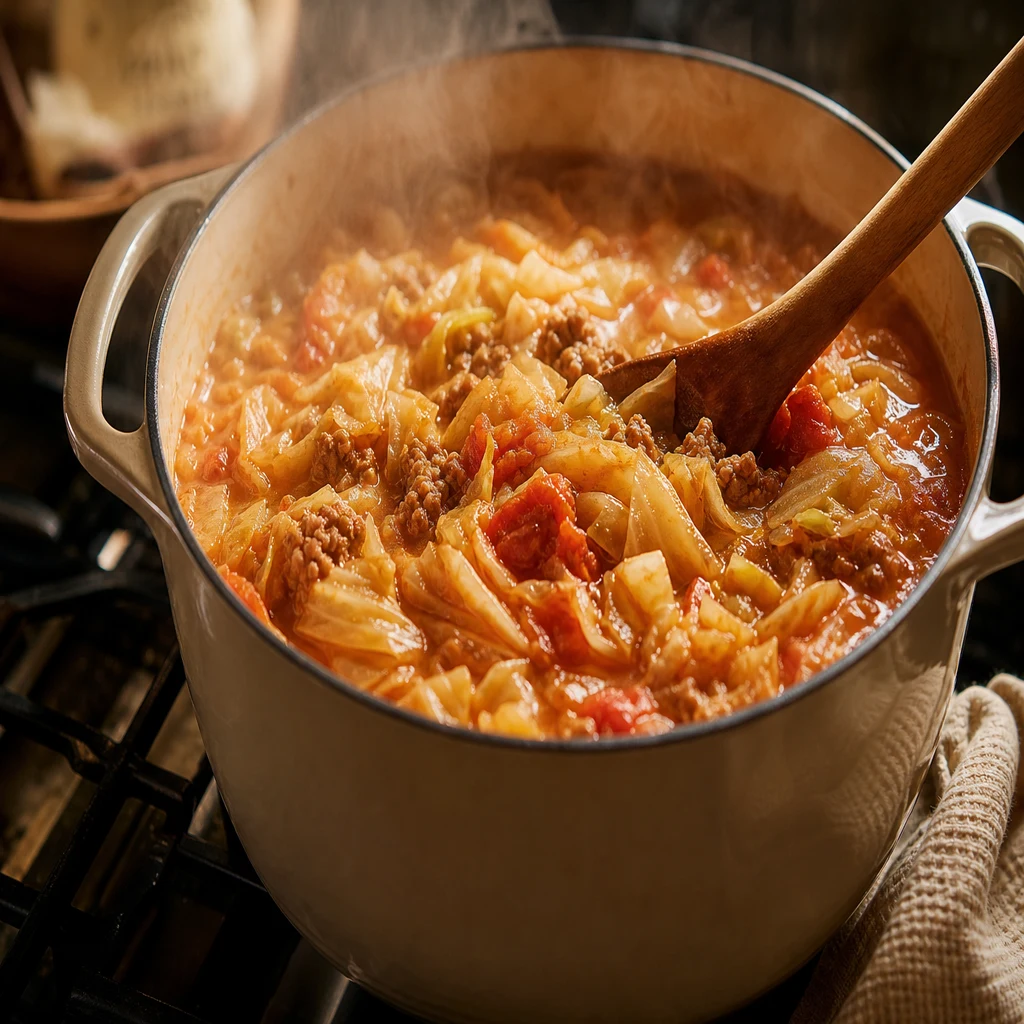 Cabbage roll soup simmering in a Dutch oven with steam rising from the pot
