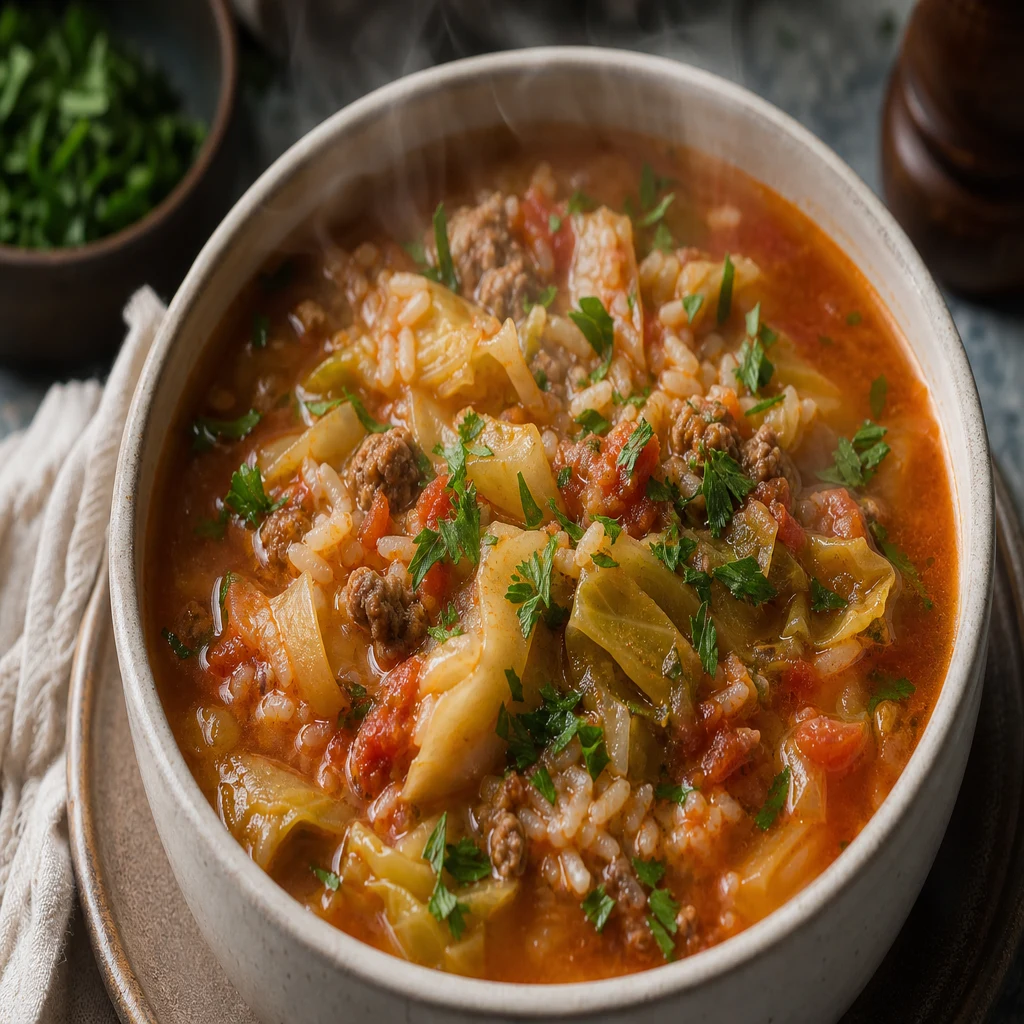 Finished bowl of cabbage roll soup garnished with fresh parsley in a close-up food photo