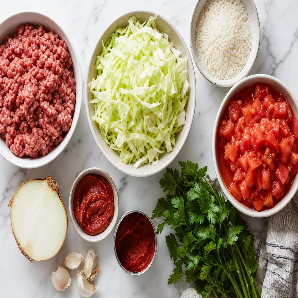 Cabbage roll soup ingredients including ground beef, shredded cabbage, rice, tomatoes, and fresh herbs on a kitchen counter