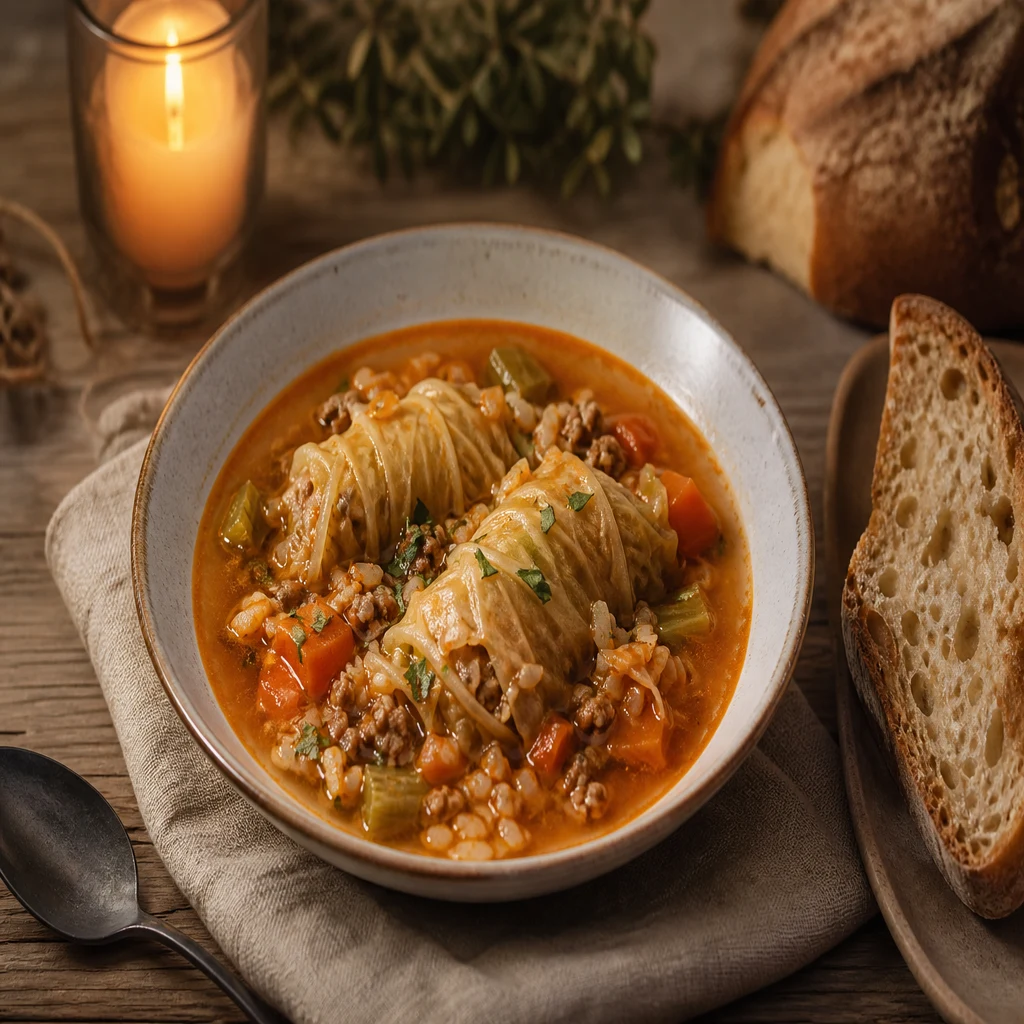 Cabbage roll soup served with bread on a rustic dinner table for a cozy one-pot meal