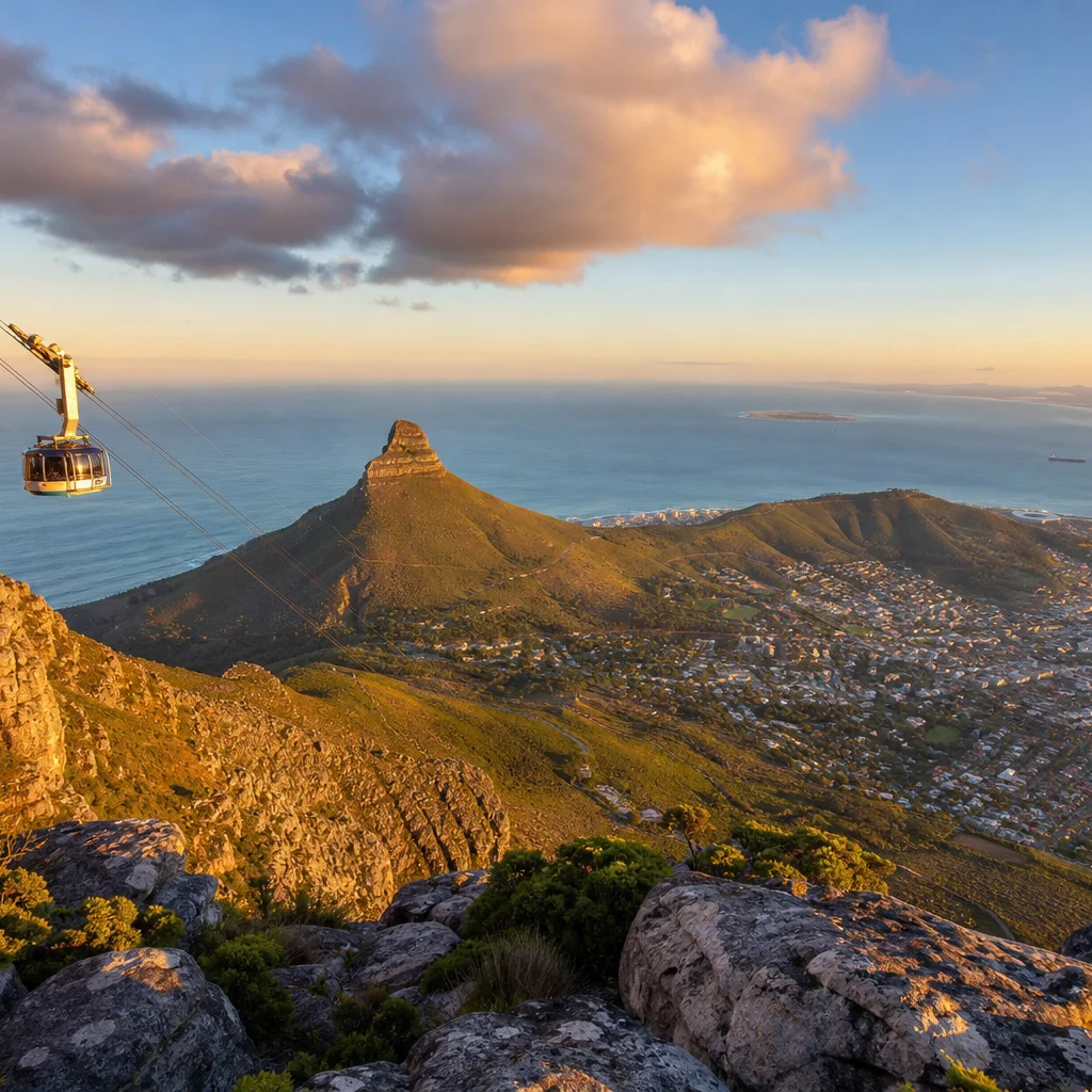Panoramic view of Cape Town South Africa from Table Mountain at golden hour