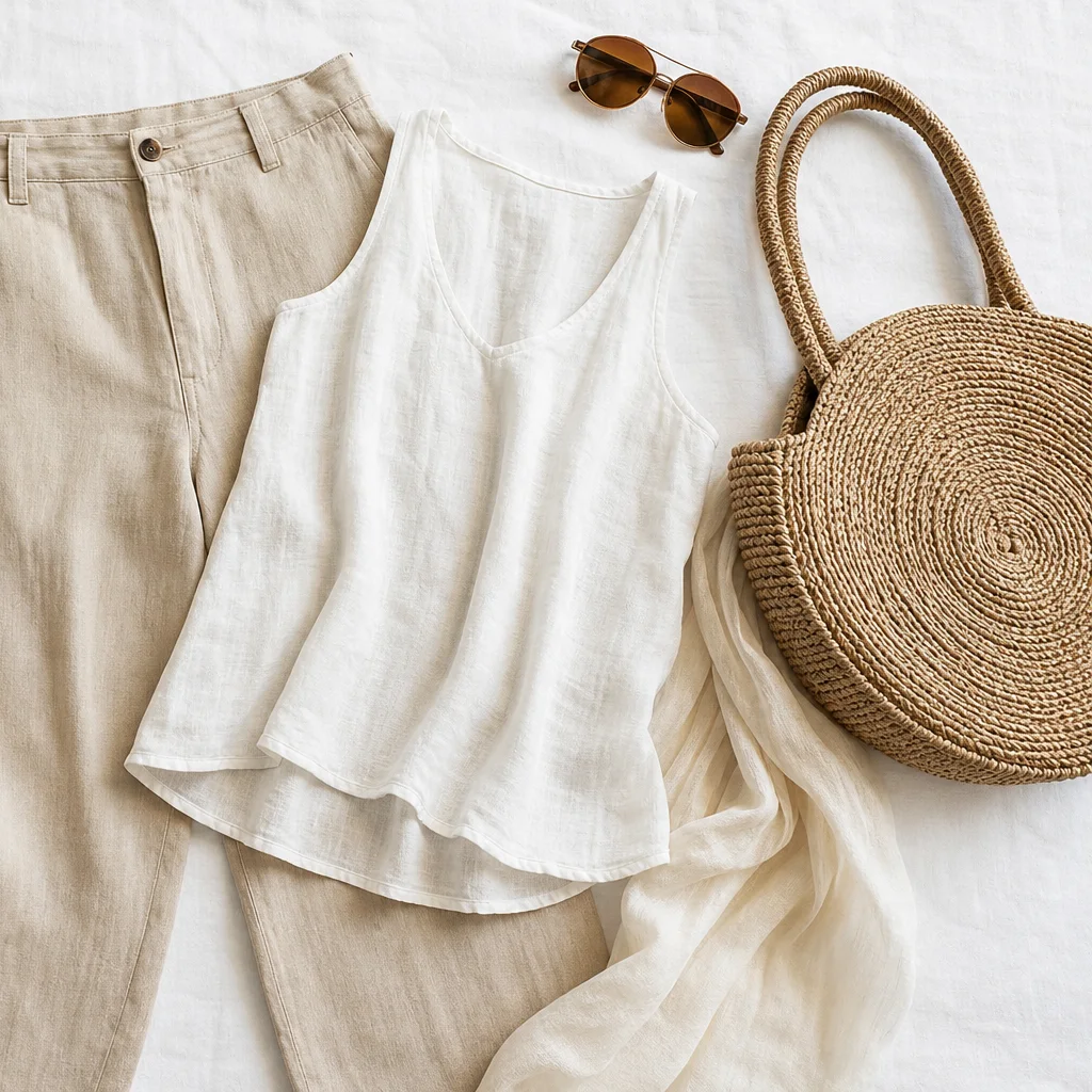 Capri pants outfit flat lay with linen tops sandals and summer accessories for 2026 styling inspiration