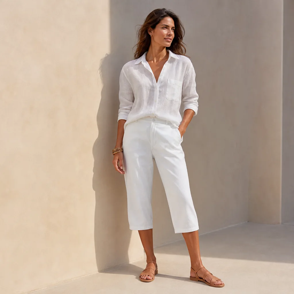 White capri pants outfit with linen button down shirt and tan sandals for summer 2026