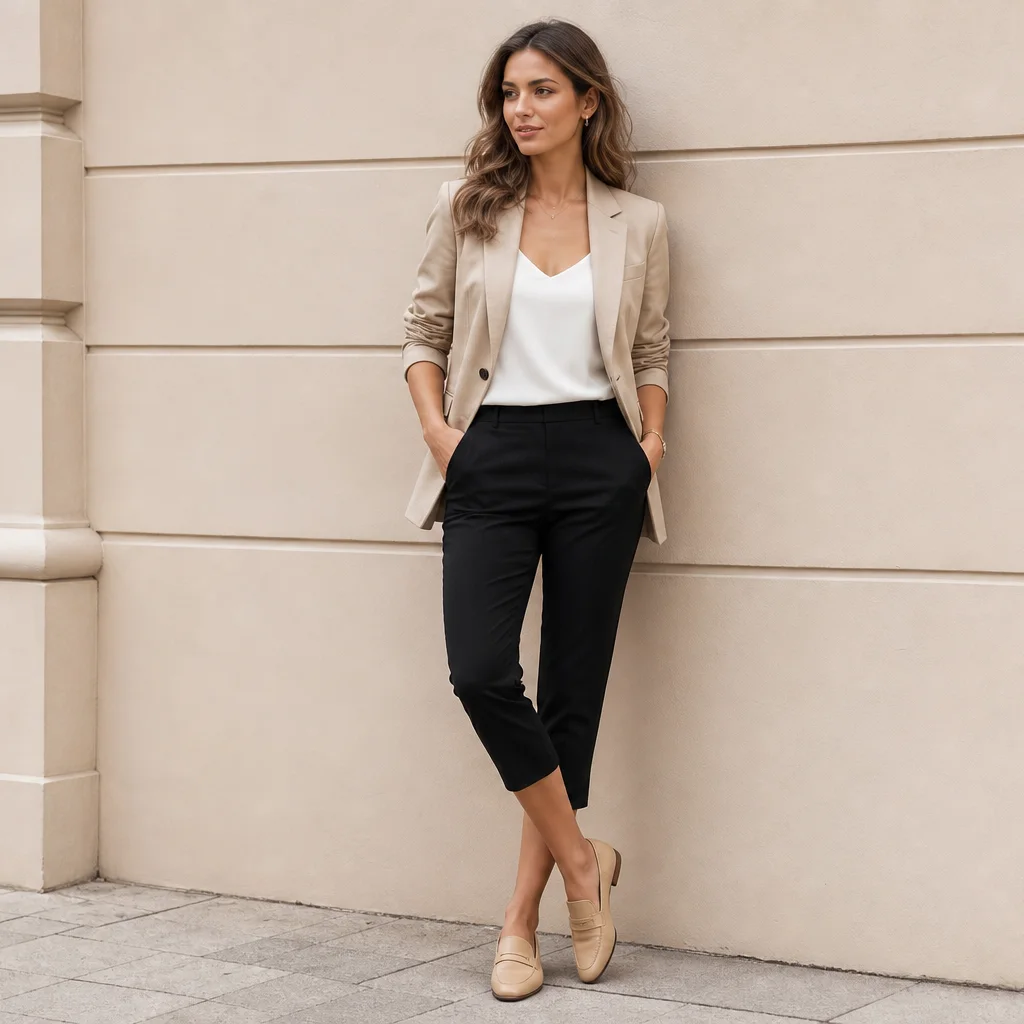 Black capri pants outfit with lightweight blazer and loafers for summer work style
