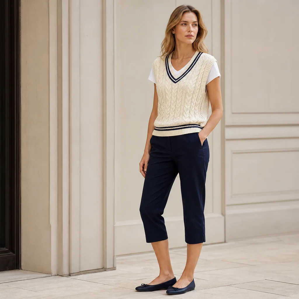 Capri pants outfit with knit vest over tee and ballet flats preppy summer style
