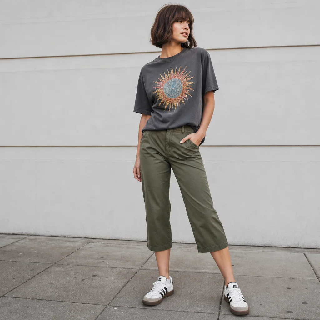 Capri pants outfit with graphic tee and retro sneakers casual summer streetwear