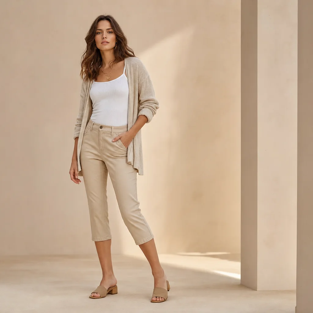 Capri pants outfit with lightweight cardigan tank top and mules layered summer look