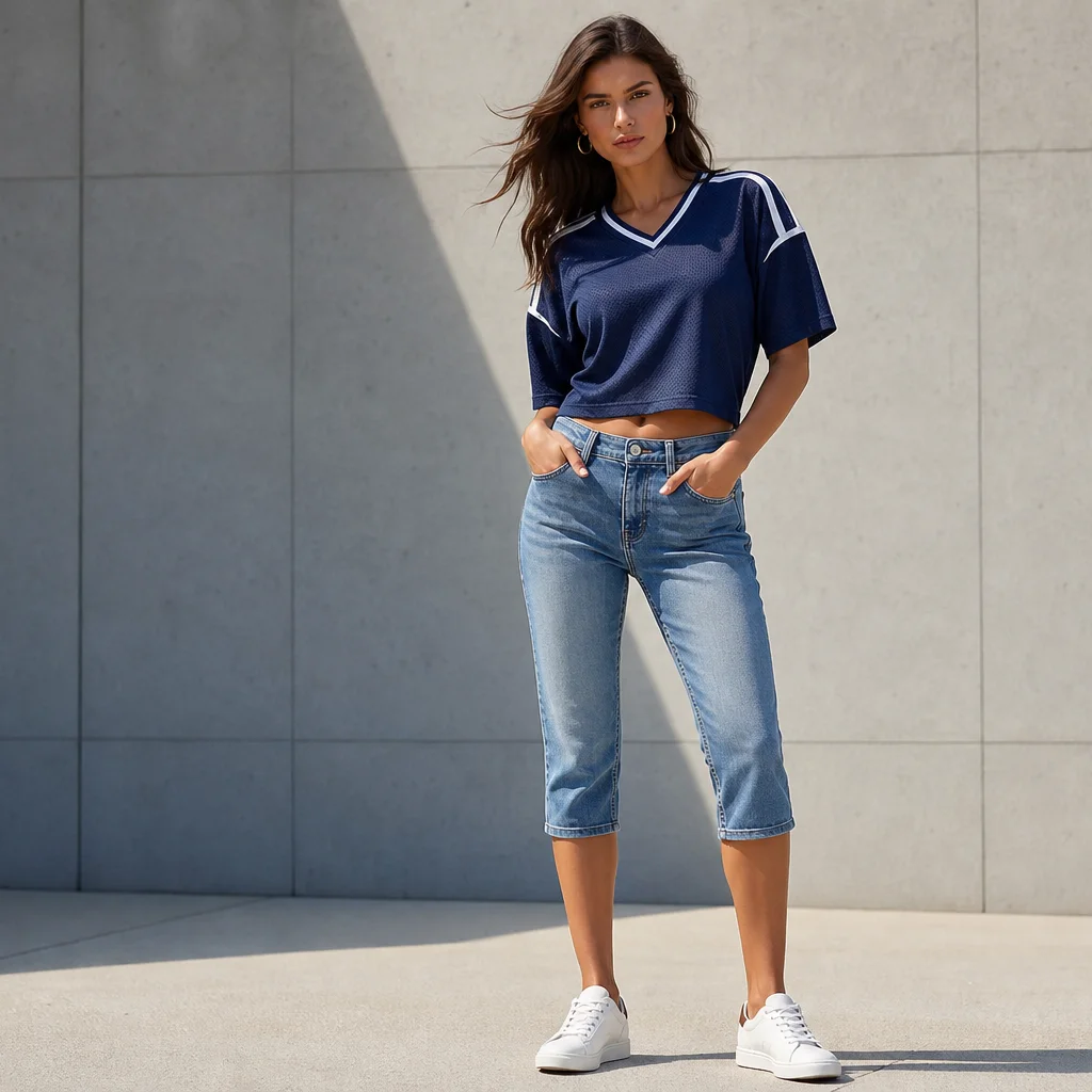 Capri pants outfit with sporty jersey top and sneakers sport luxe summer 2026