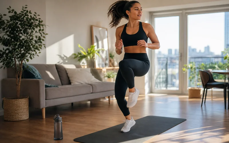 Busy woman doing a quick at-home cardio workout in a bright apartment living room