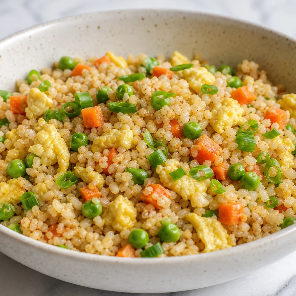 Low-carb cauliflower fried rice with egg peas and carrots