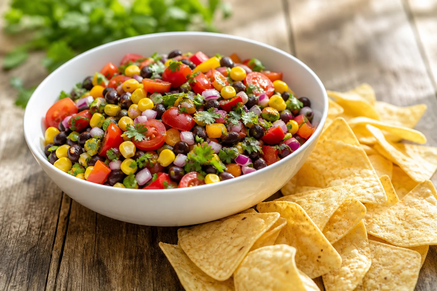 Cowboy caviar Texas caviar dip in a white bowl with black beans corn tomatoes and cilantro served with tortilla chips