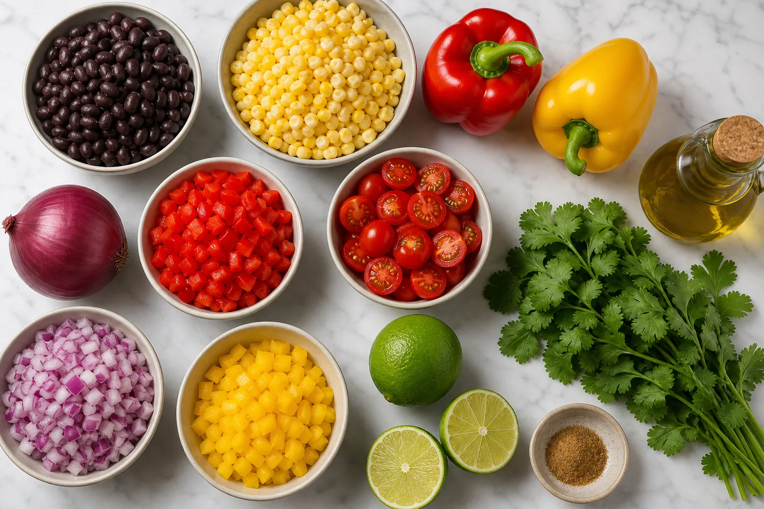 Cowboy caviar ingredients including black beans corn bell peppers red onion tomatoes lime cilantro and olive oil