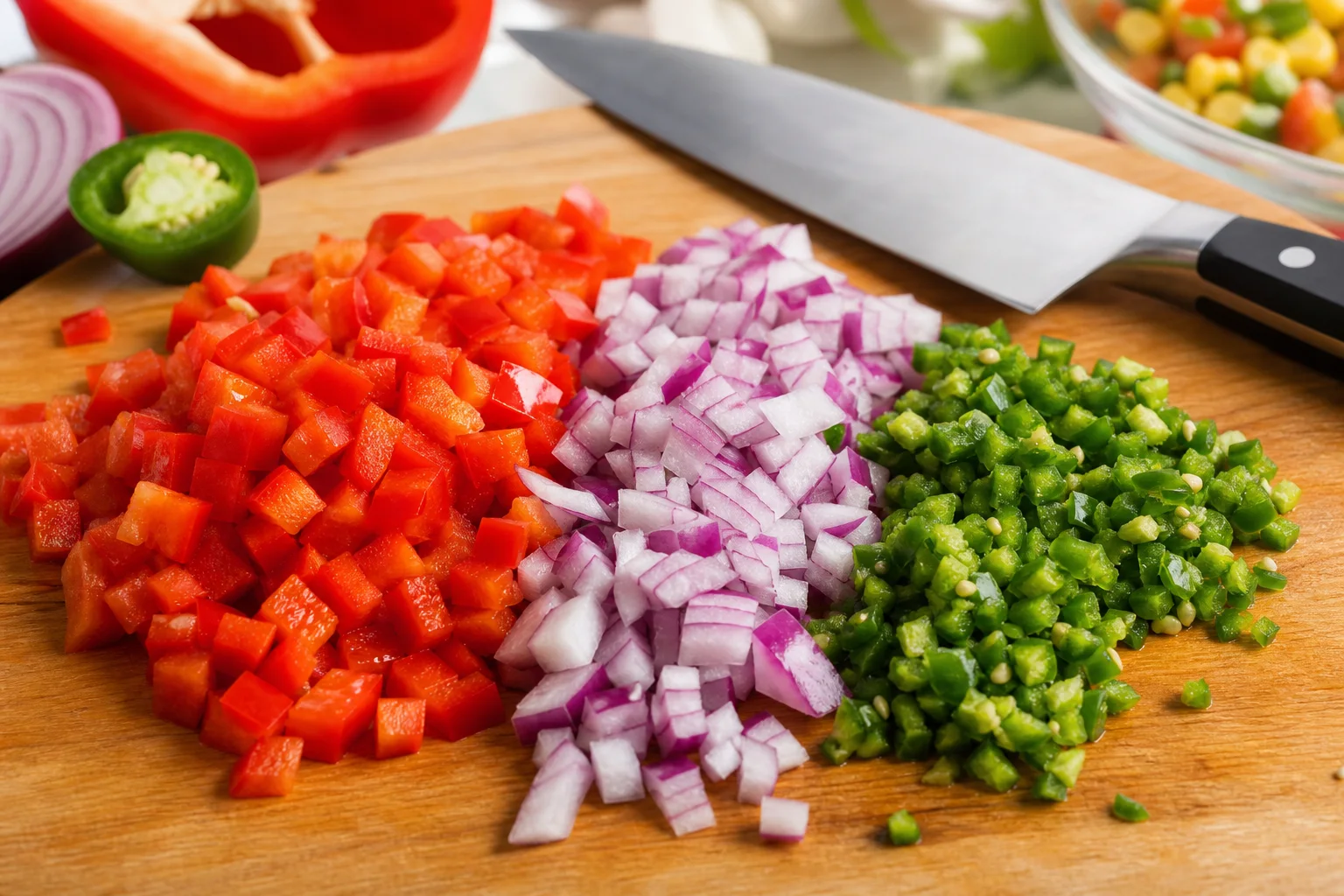 Finely diced red bell pepper red onion and jalapeño on a wooden cutting board for cowboy caviar recipe