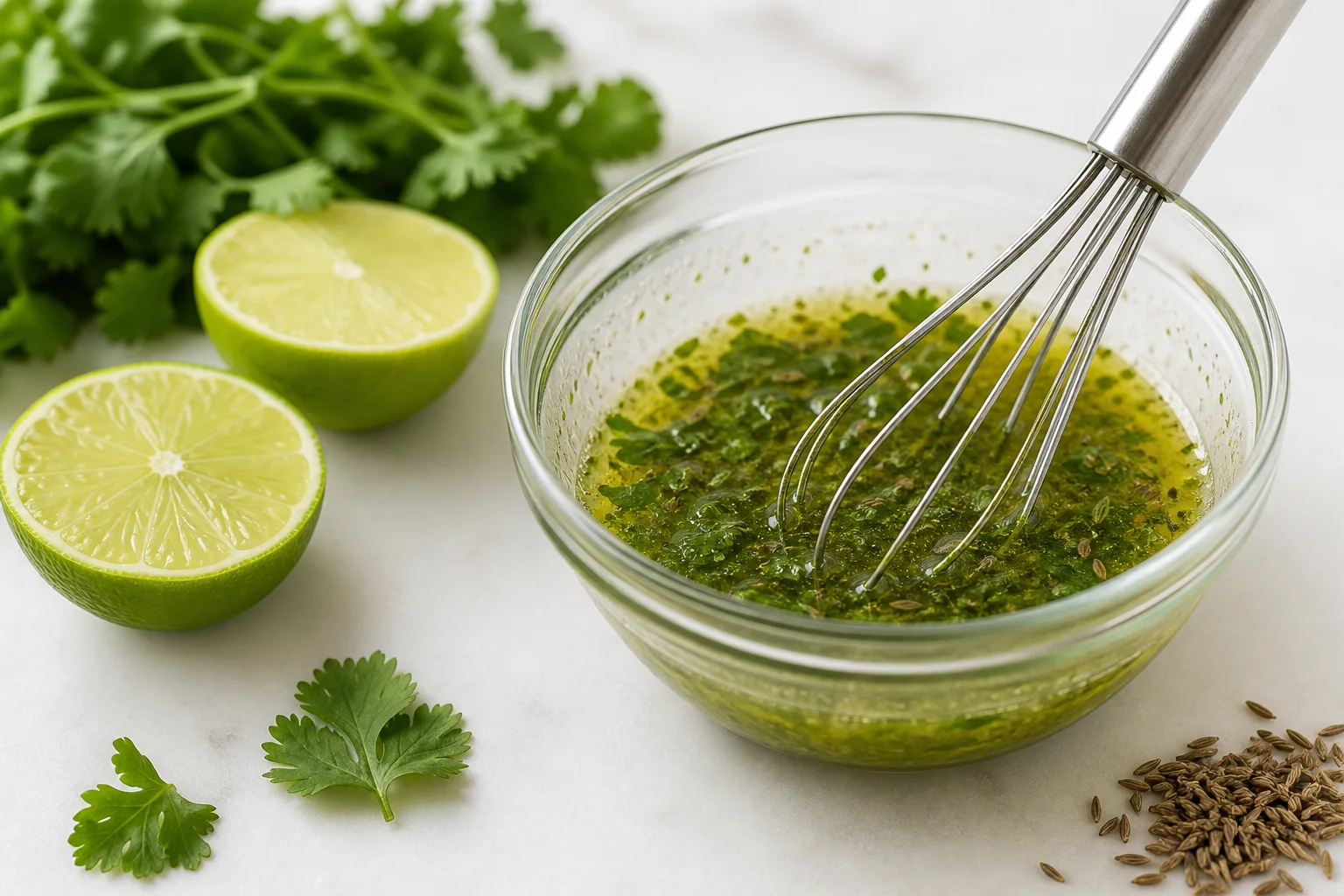 Bright lime cilantro dressing whisked in a small glass bowl with olive oil and cumin for Texas caviar
