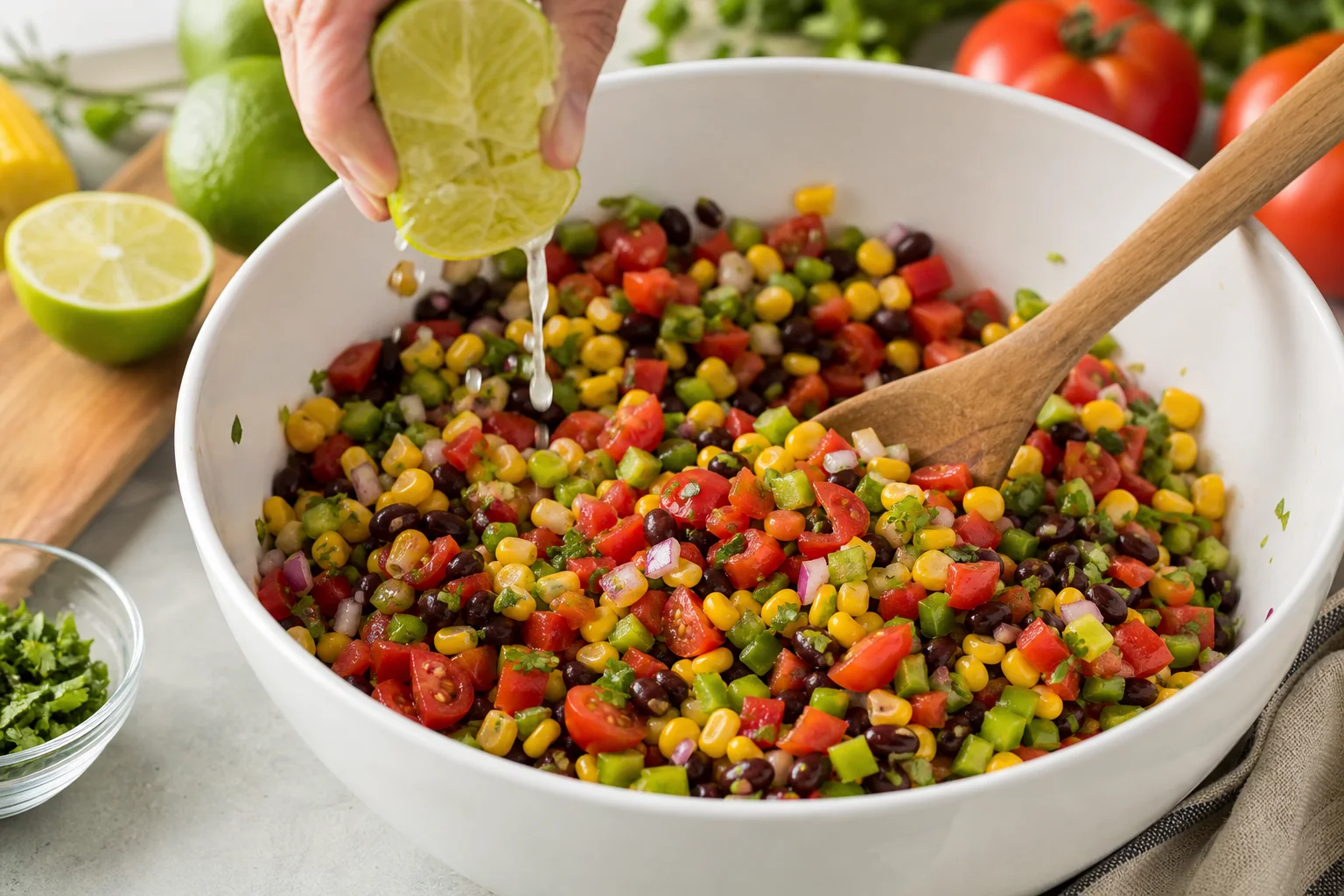 Black beans corn and diced peppers tossed with lime dressing in a large white mixing bowl for cowboy caviar