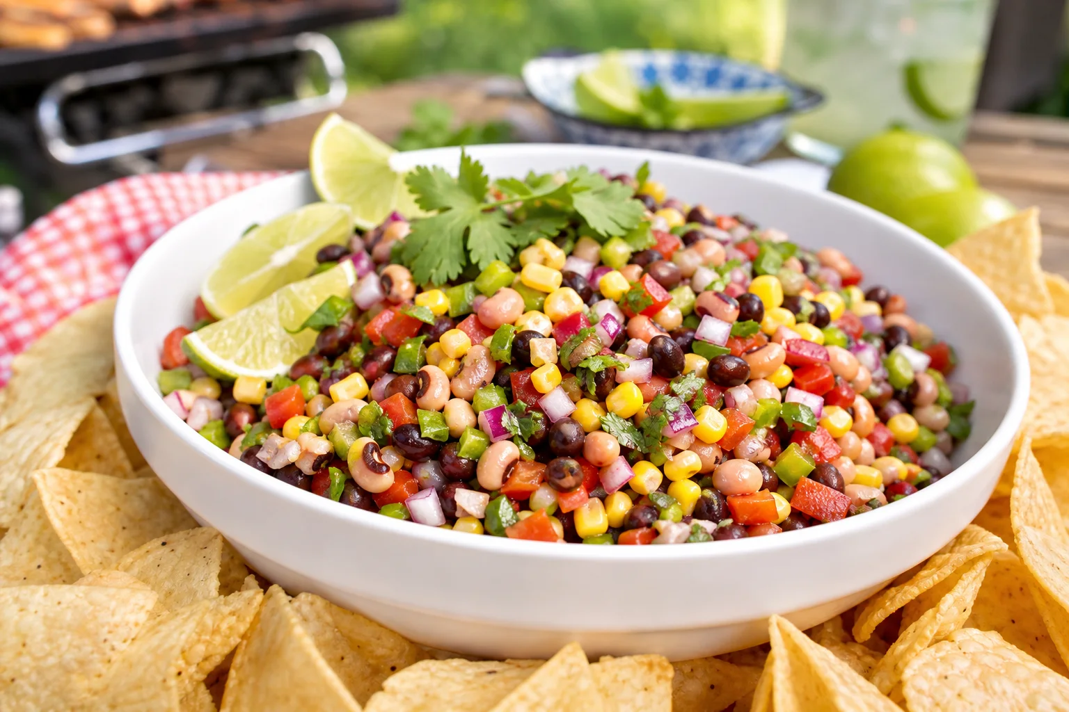 Cowboy caviar Texas caviar dip served in a bowl with tortilla chips on a summer BBQ table with lime wedges