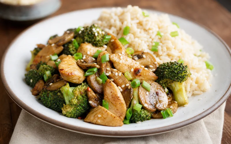 Chicken broccoli and mushroom stir fry served over rice with green onion garnish