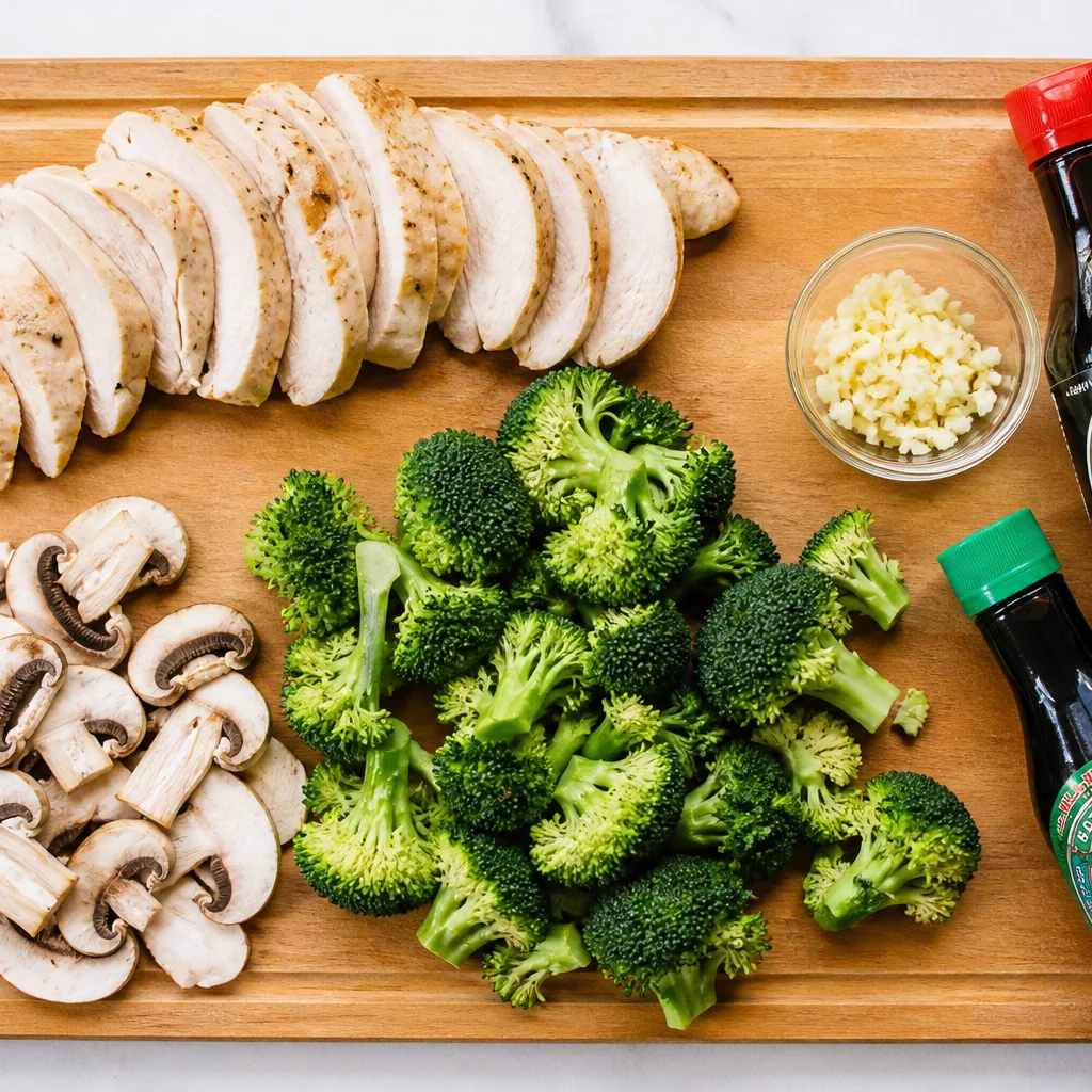 Ingredients for chicken broccoli and mushroom stir fry on a cutting board