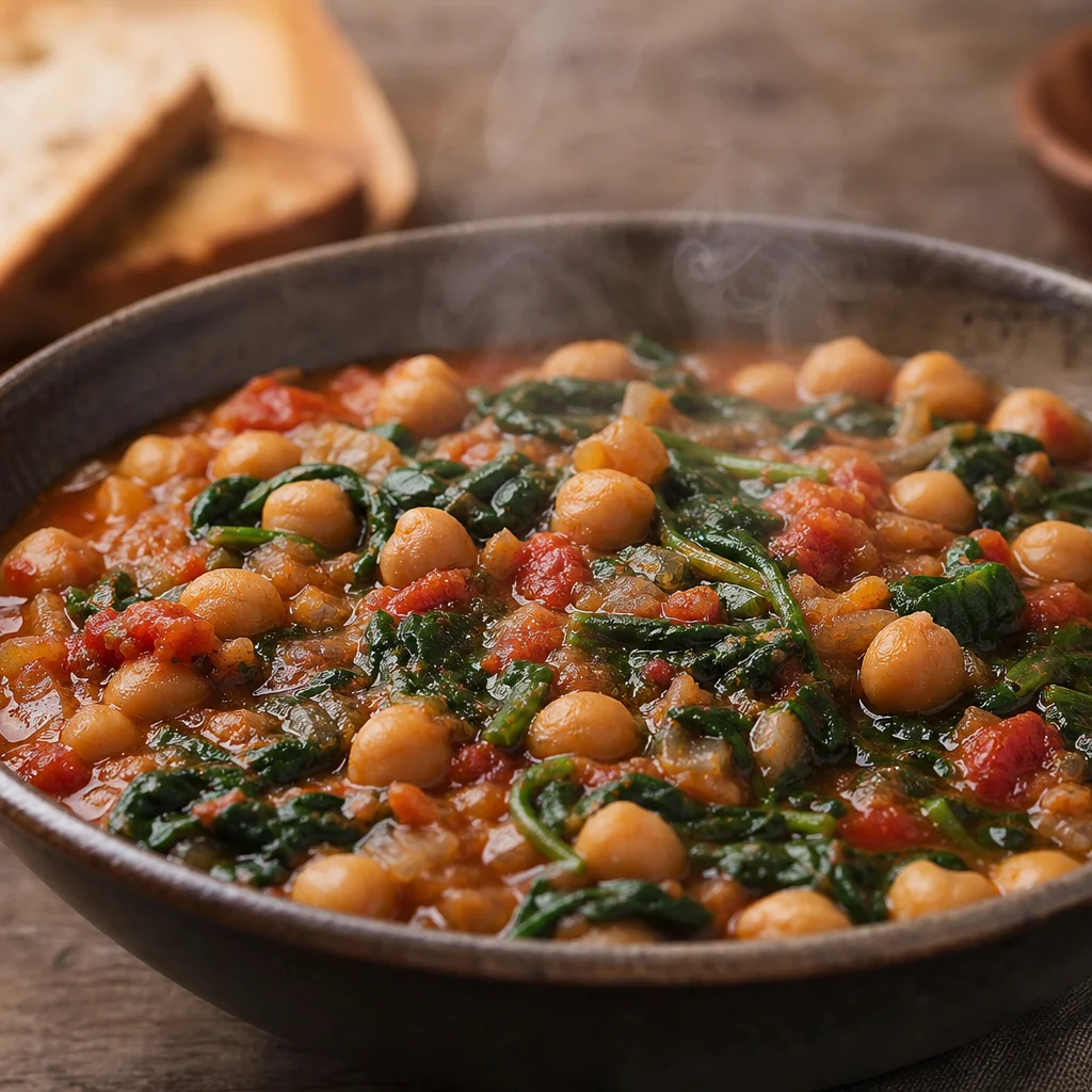 Hearty chickpea and spinach stew with tomatoes and garlic