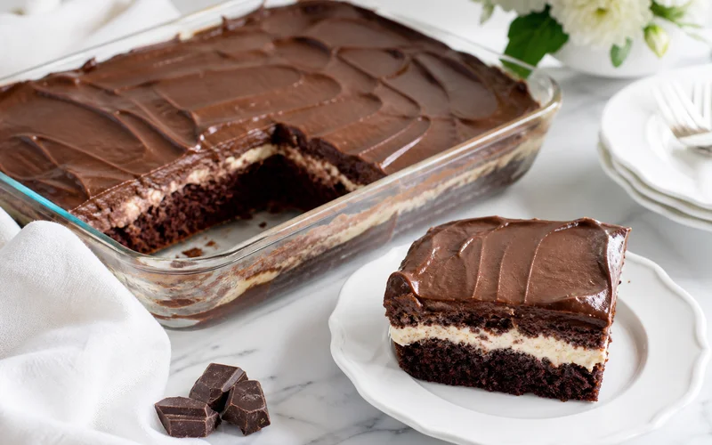 Sliced Chocolate Italian Love Cake with creamy ricotta layers and chocolate pudding frosting