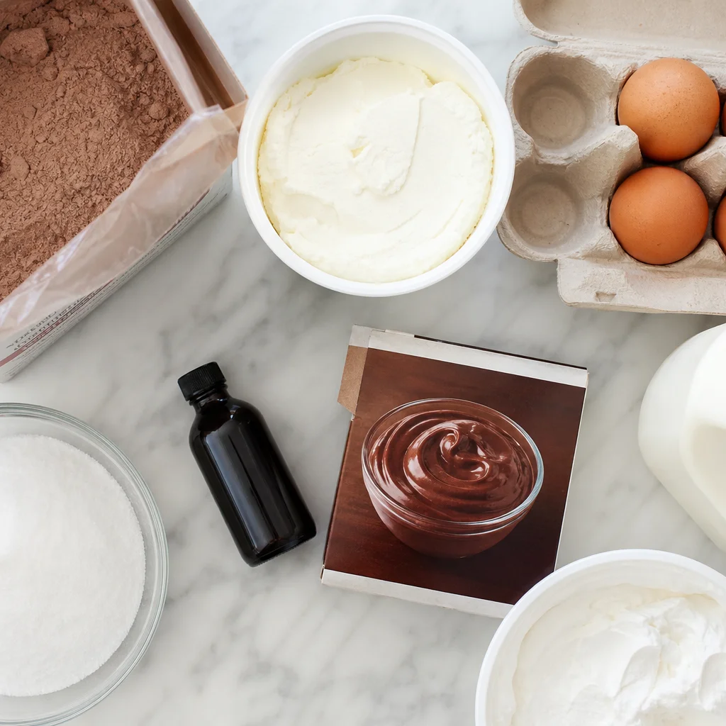 Ingredients for Chocolate Italian Love Cake including ricotta, chocolate cake mix, eggs, and pudding