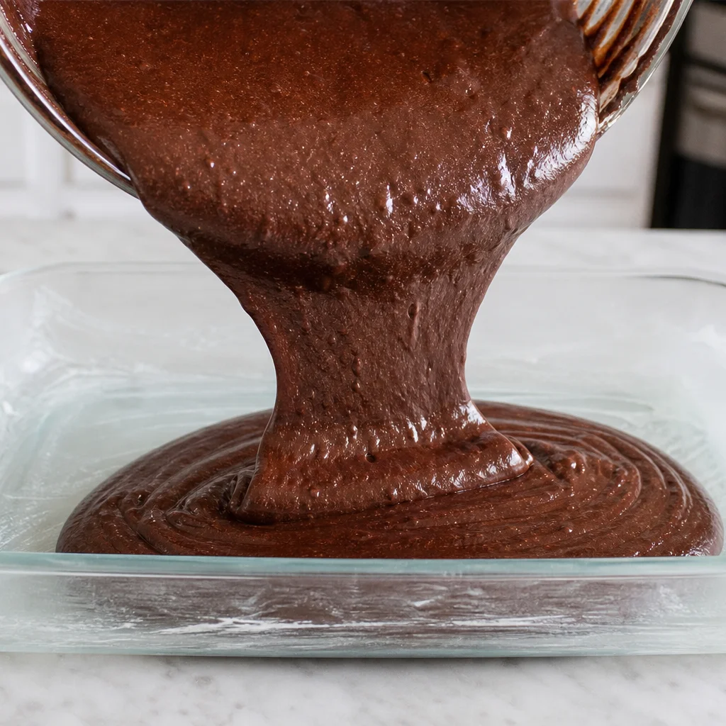 Step 2 pouring prepared chocolate cake batter into the greased baking dish