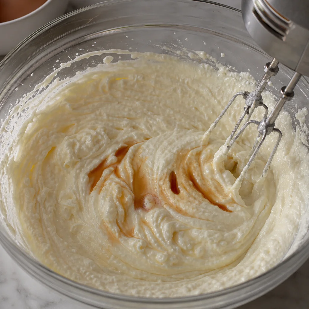 Step 3 mixing ricotta cheese with eggs sugar and vanilla until smooth