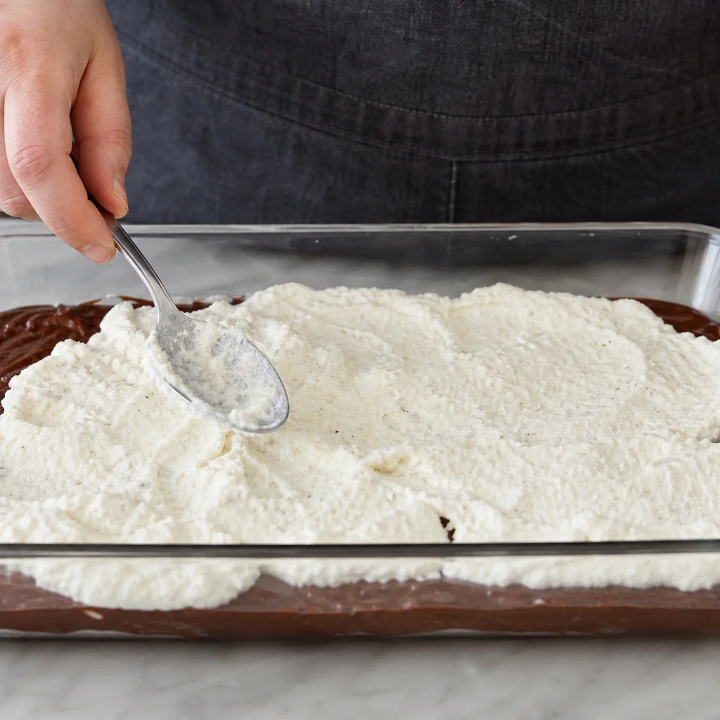 Step 4 spooning ricotta mixture evenly over chocolate cake batter before baking