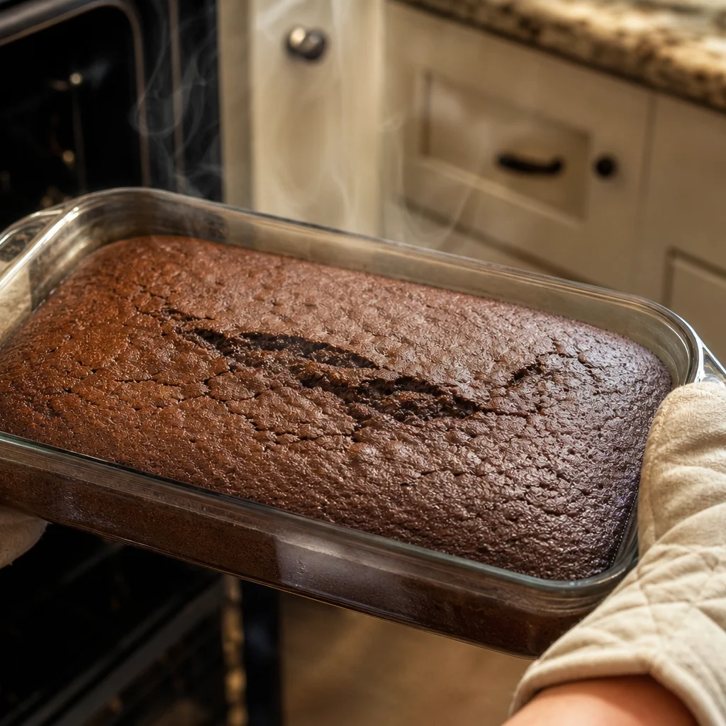 Step 5 baked Chocolate Italian Love Cake set and golden in the 9x13 dish
