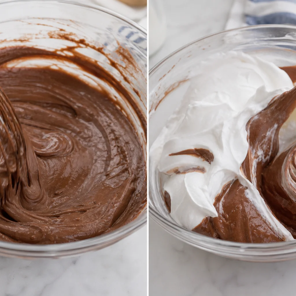 Step 7 whisking chocolate pudding with milk and folding in whipped topping