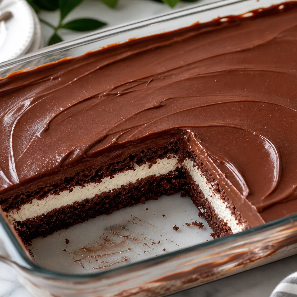 Step 8 spreading chocolate pudding frosting over cooled cake ready to chill and serve