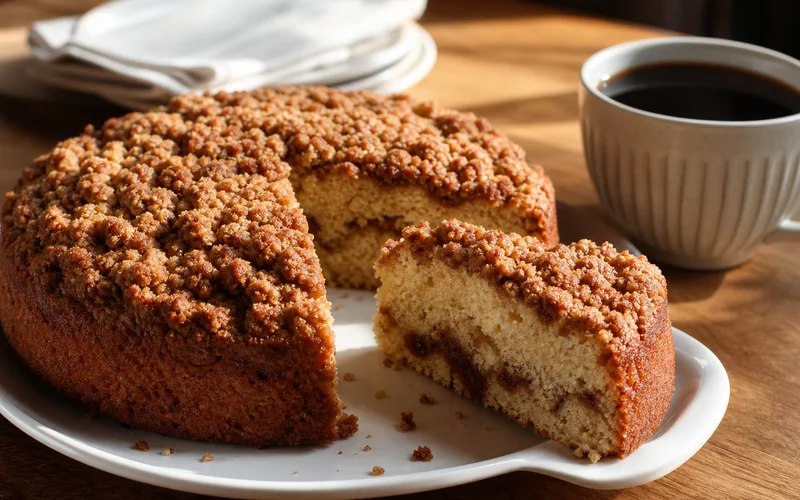 Sliced cinnamon coffee cake with golden streusel topping served beside a cup of coffee