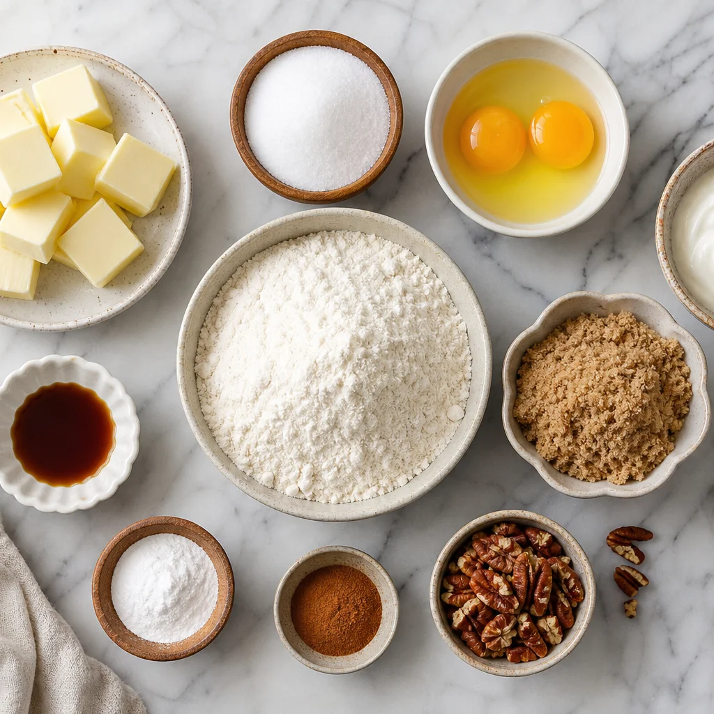 Ingredients for cinnamon coffee cake including butter sugar eggs flour sour cream and cinnamon