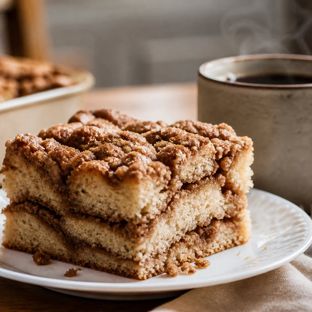Step 11 sliced cinnamon coffee cake served on a plate with coffee