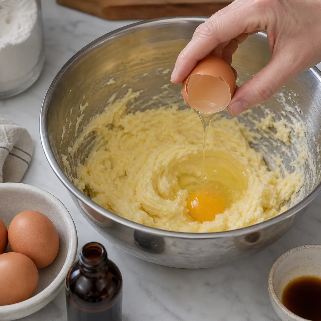Step 3 beating eggs and vanilla extract into the creamed butter mixture