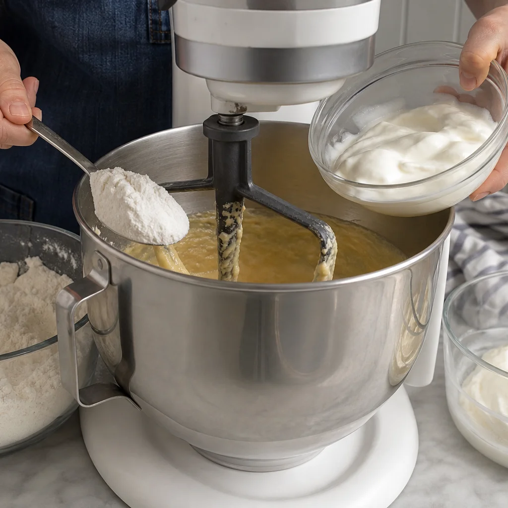 Step 5 alternating dry ingredients and sour cream into the cake batter