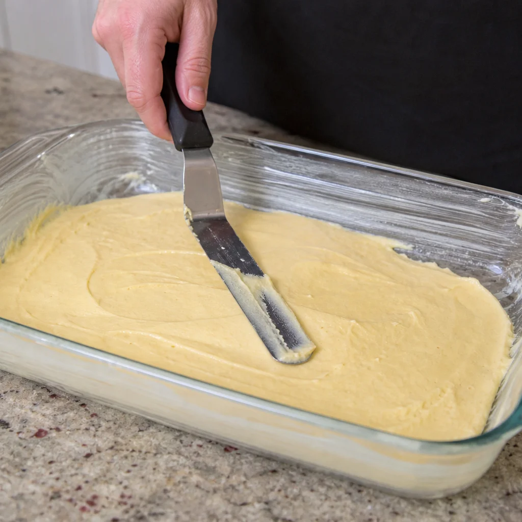 Step 6 spreading half of the cake batter into the prepared baking dish