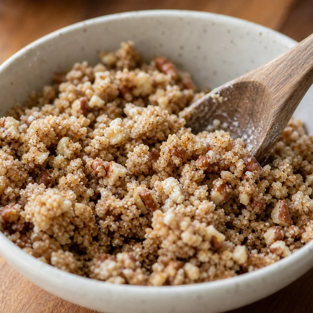 Step 7 mixing brown sugar cinnamon butter flour and pecans into streusel topping