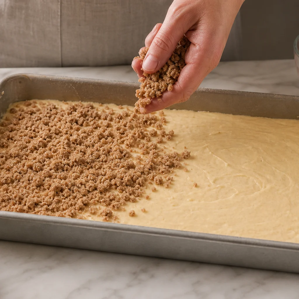 Step 8 sprinkling half of the cinnamon streusel over the first batter layer