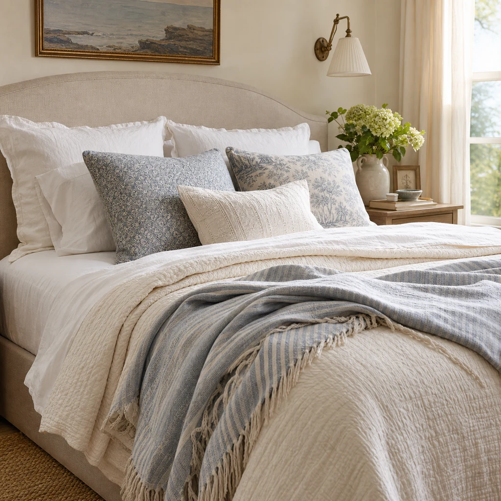 Layered white linen and faded blue bedding in a coastal grandmother bedroom