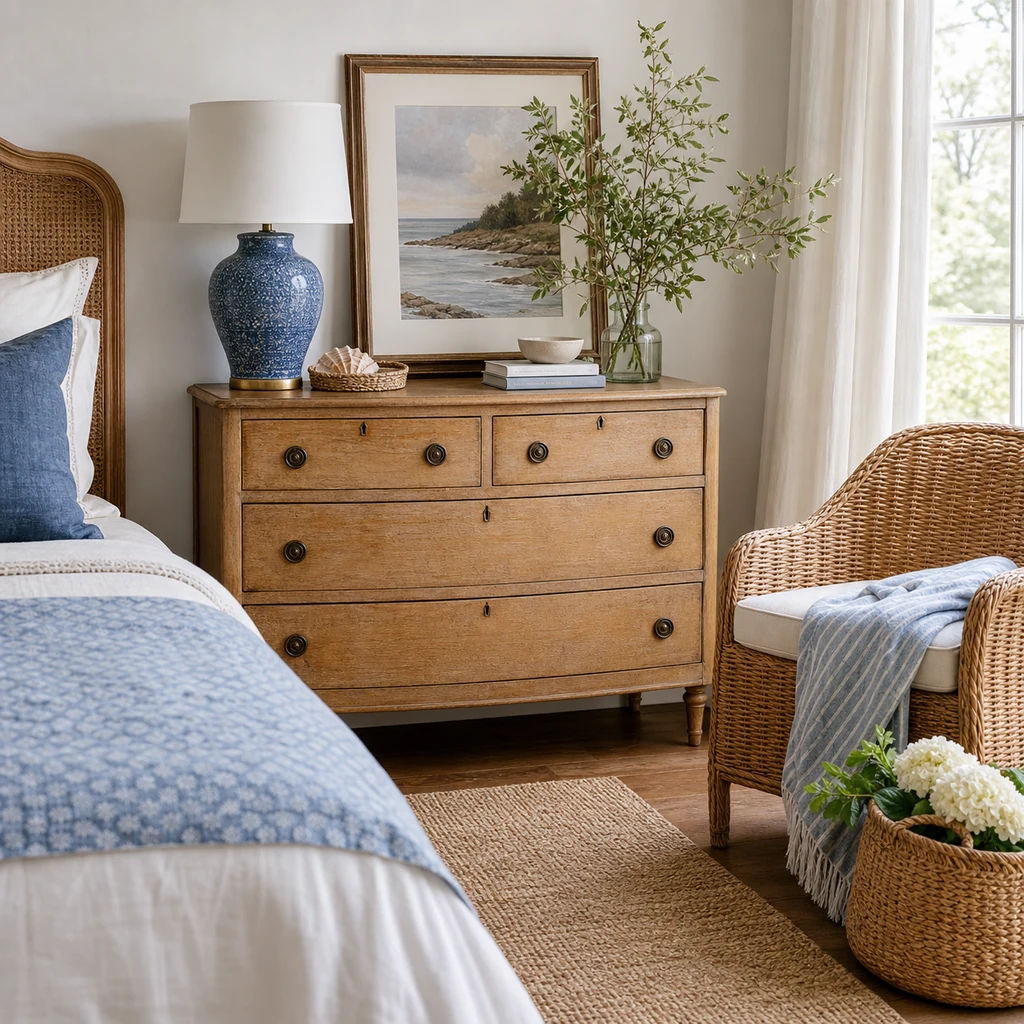 Vintage wood furniture woven chair and ceramic lamp in a coastal bedroom
