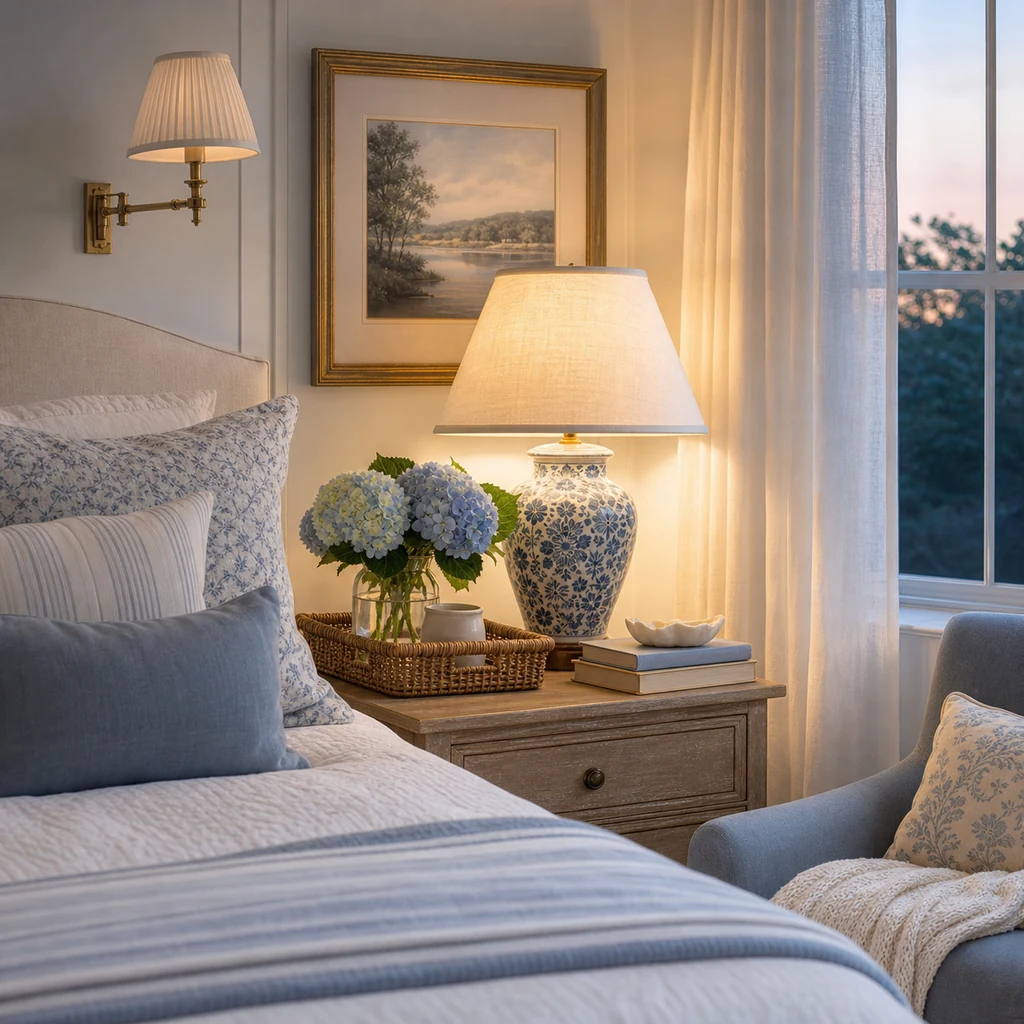 Layered bedside lighting and restrained accessories in a coastal grandmother bedroom
