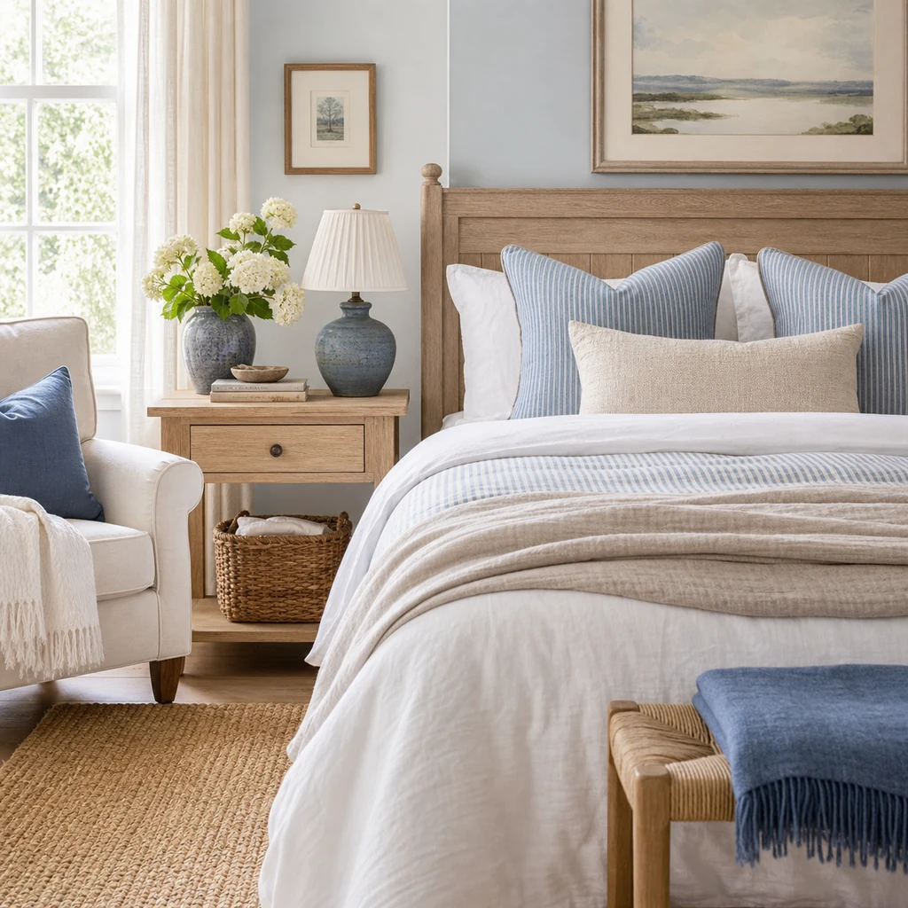 Coastal grandmother bedroom color palette in soft blue warm white and natural wood