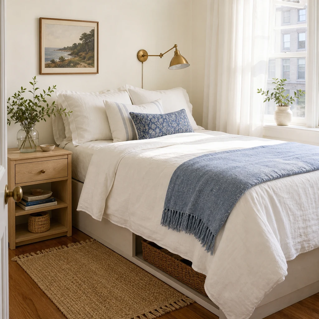 Small coastal grandmother bedroom with practical furniture and blue accents