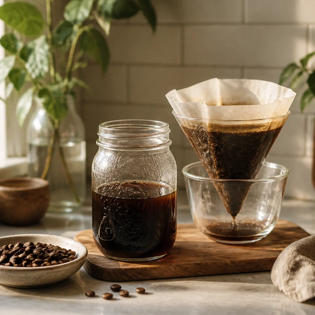 Mason jar cold brew concentrate setup for iced coffee at home