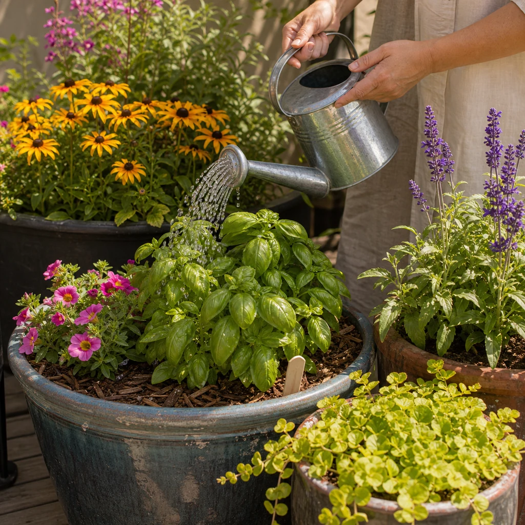 Watering colorful container garden with mulch and healthy flowers