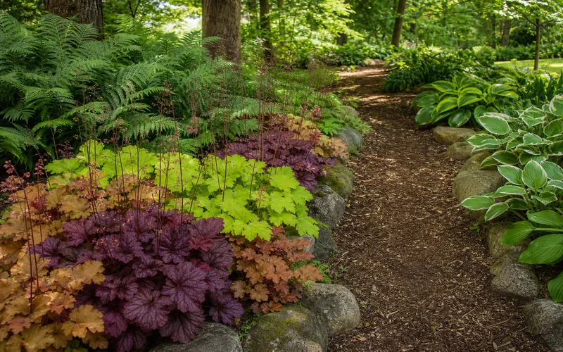 Colorful coral bells heuchera foliage in a lush shade garden with hostas and ferns